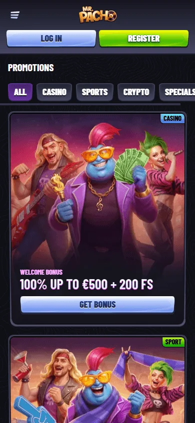 Mr Pacho Casino mobile browser promotions interface