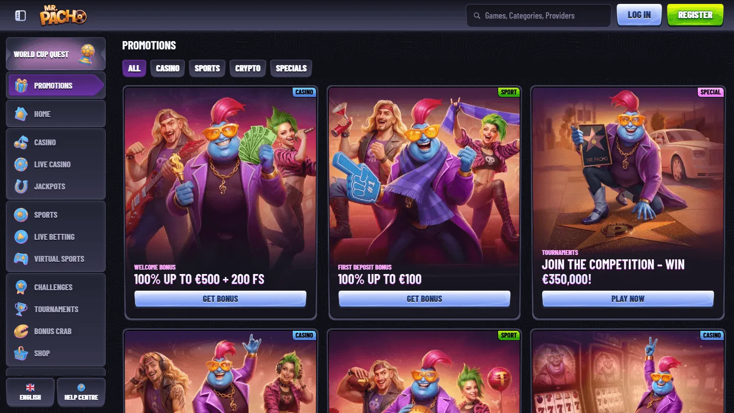 Mr Pacho Casino desktop promotions interface