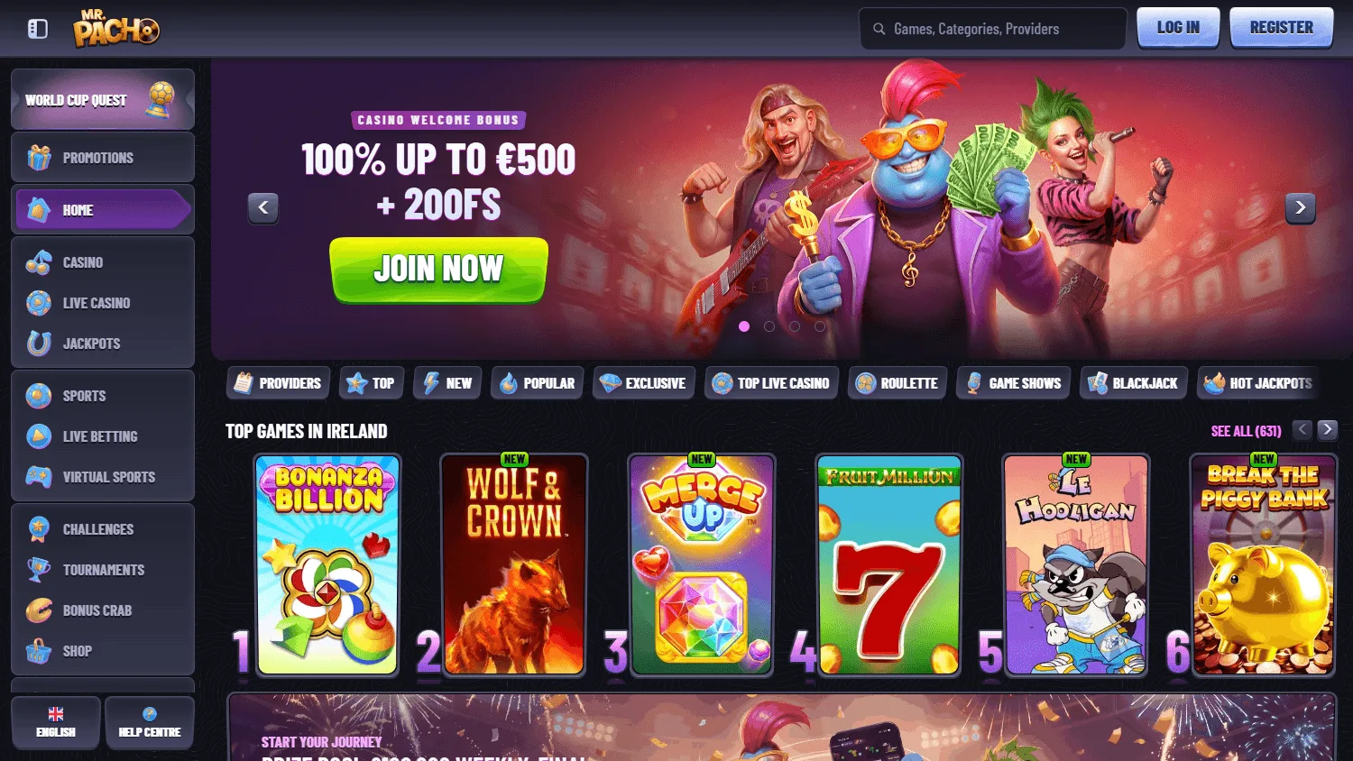 Mr Pacho Casino desktop home interface