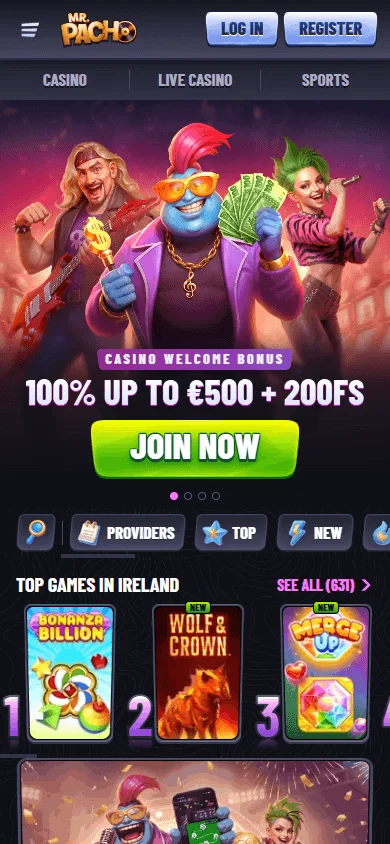 Mr Pacho Casino mobile browser home interface