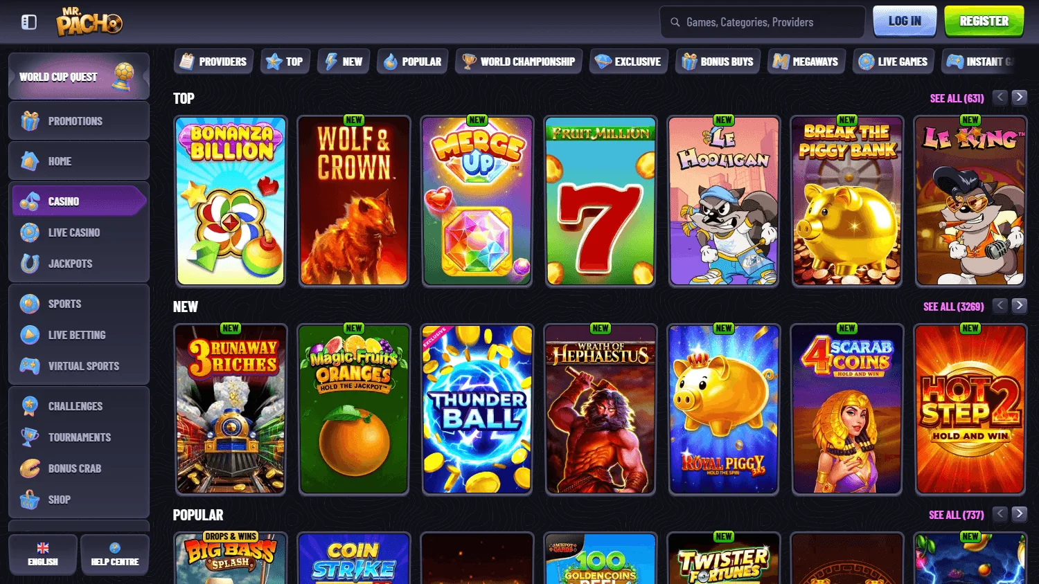 Mr Pacho Casino desktop games interface
