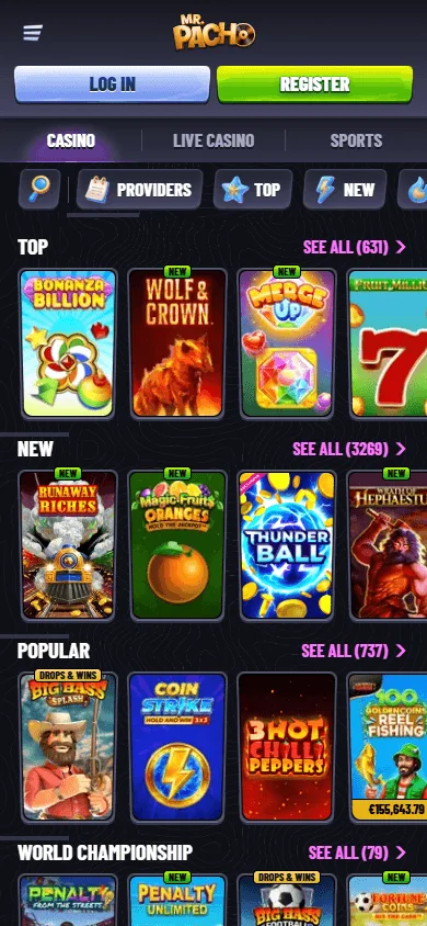 Mr Pacho Casino mobile browser games interface